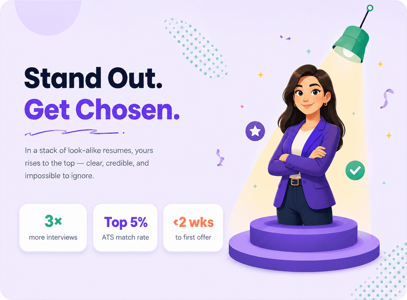 Stand out and get chosen — in a stack of look-alike resumes, yours rises to the top, with 3× more interviews, a top 5% ATS match rate, and under two weeks to first offer