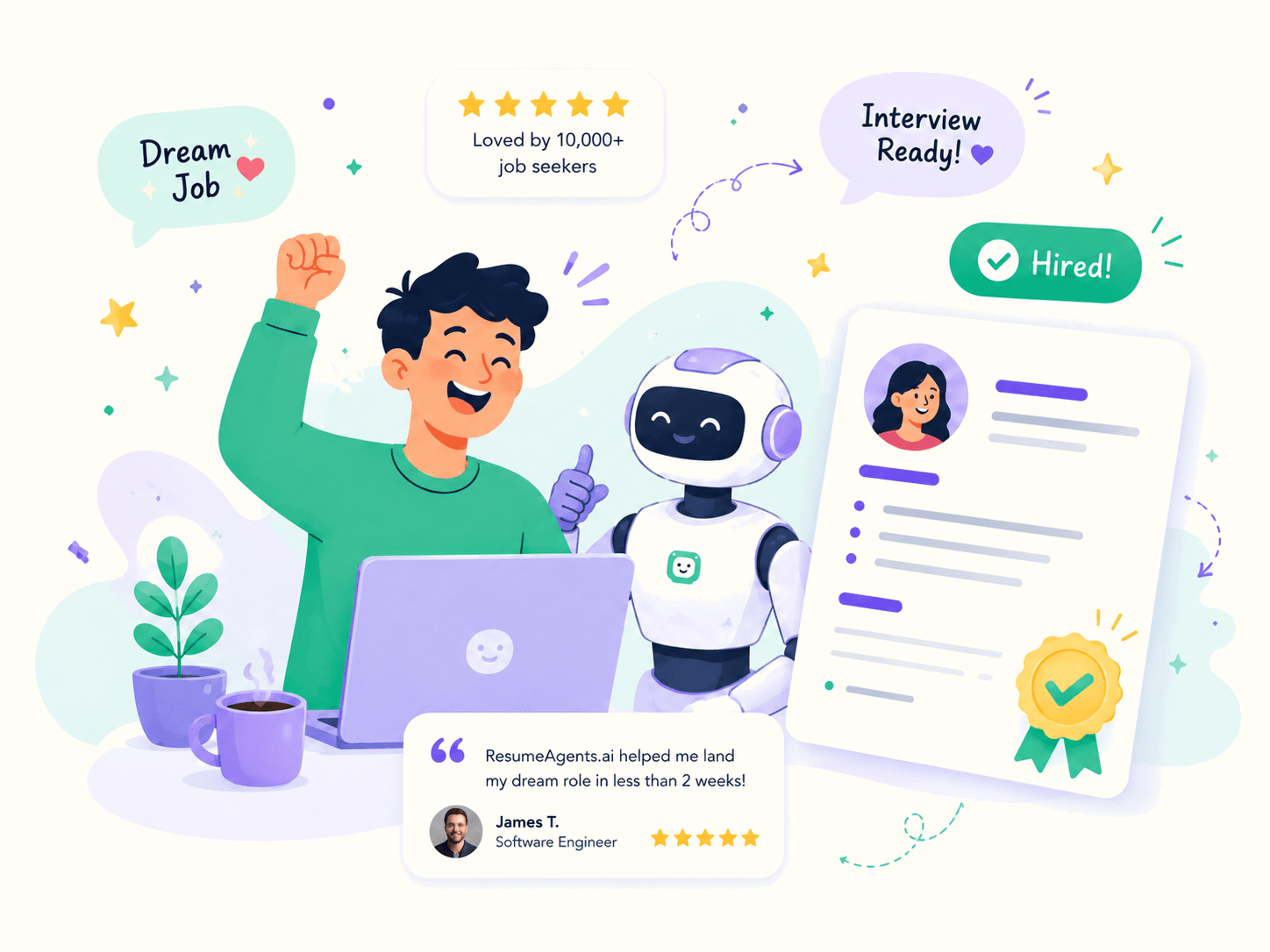 A job seeker celebrating beside an AI assistant, a resume marked hired, and a 5-star review from a software engineer hired in two weeks